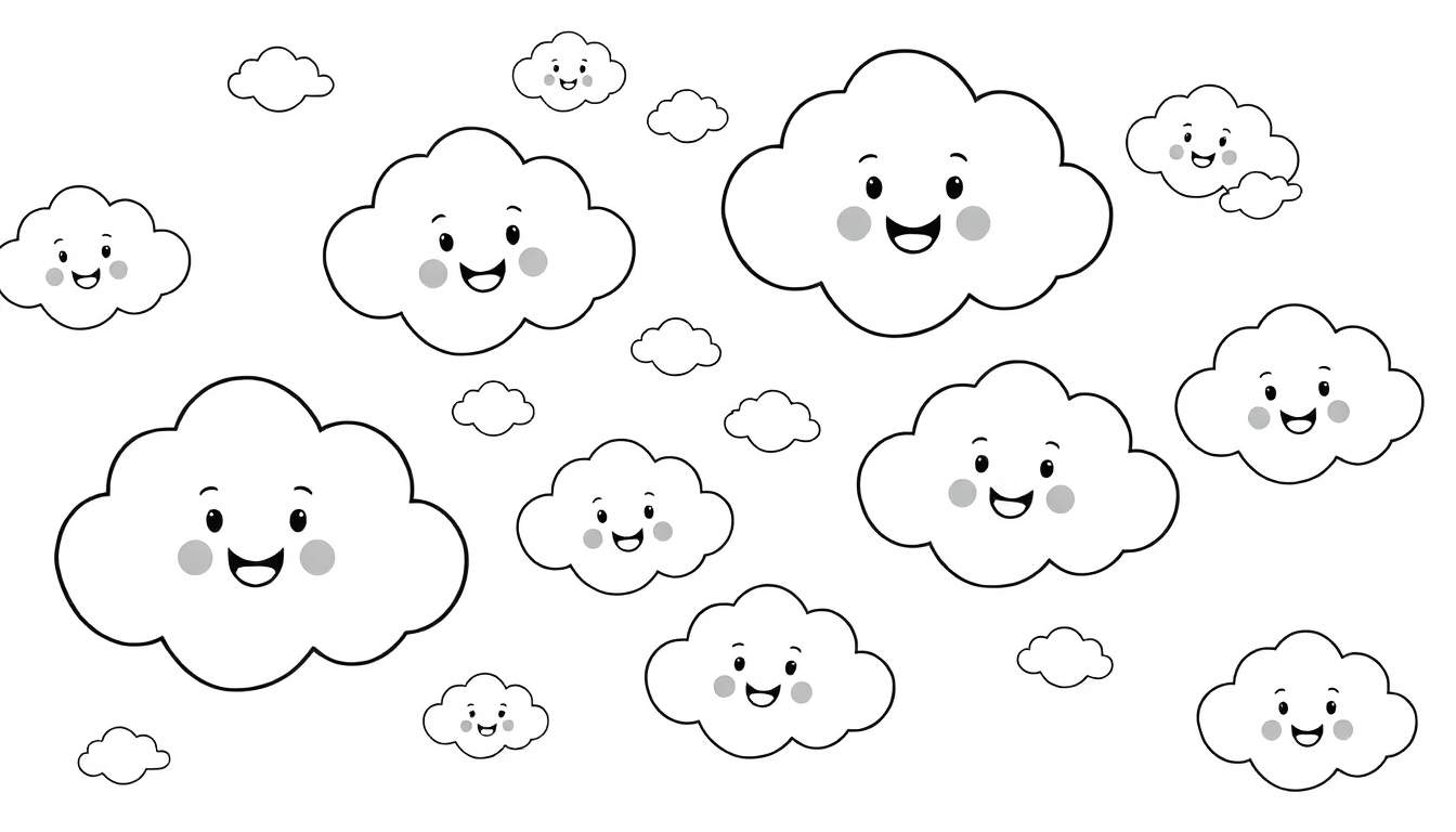 Placa de color de nubes de dibujos animados sonrientes y listas para colorear.