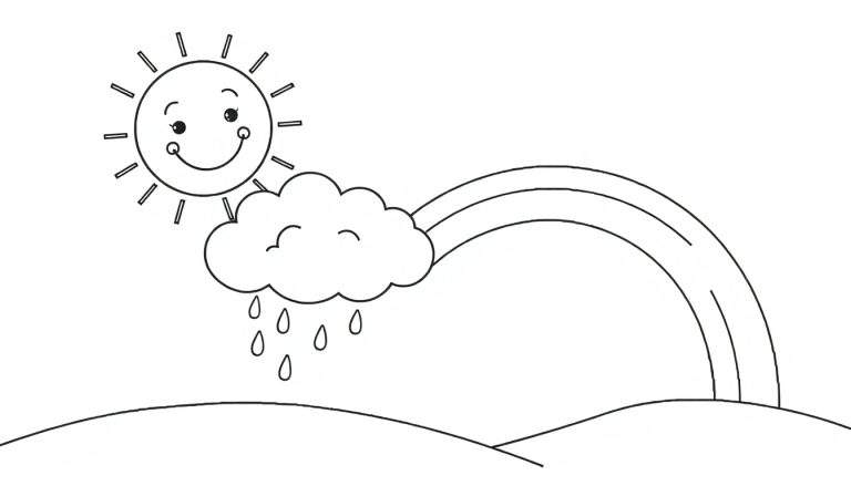 Página para colorear de elementos del clima con sol sonriente, nube, lluvia y arcoíris, lista para colorear.