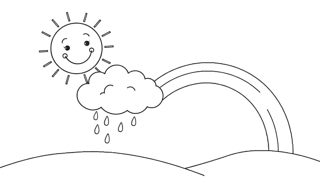 Página para colorear de elementos del clima con sol sonriente, nube, lluvia y arcoíris, lista para colorear.