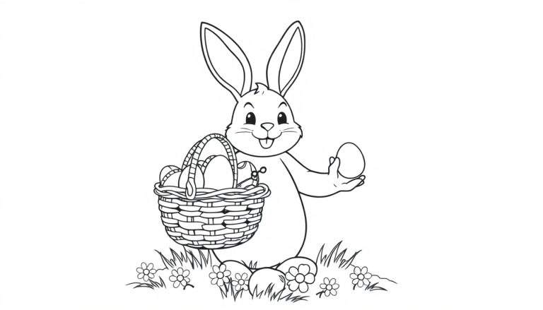 Placa de color de un conejo de Pascua amigable con una canasta de huevos.