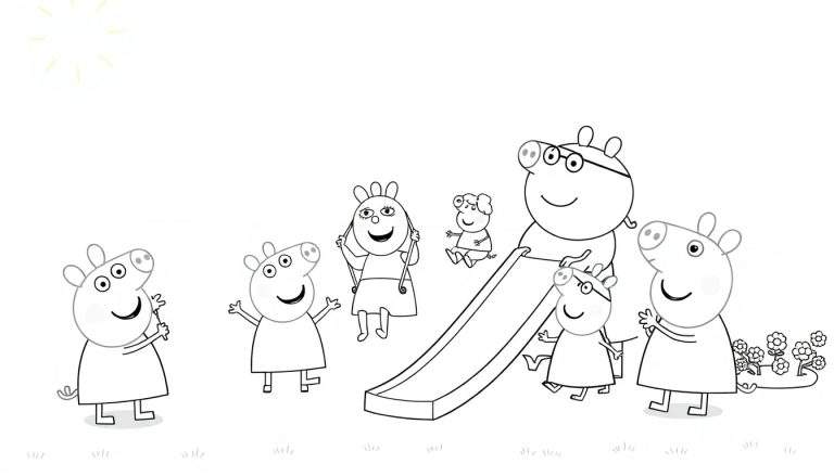 Dibujo de placa de color de Peppa Pig y su familia en un parque con un sol, tobogán, columpio, flores y hierba.