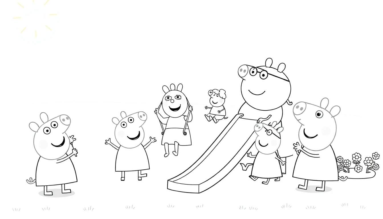 Dibujo de placa de color de Peppa Pig y su familia en un parque con un sol, tobogán, columpio, flores y hierba.