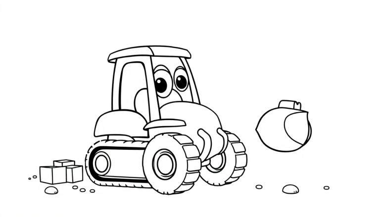 Un dibujo lineal de un excavador amigable para colorear, con una cuchara lista para la acción, sobre una placa de color.