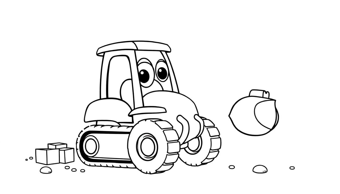 Un dibujo lineal de un excavador amigable para colorear, con una cuchara lista para la acción, sobre una placa de color.