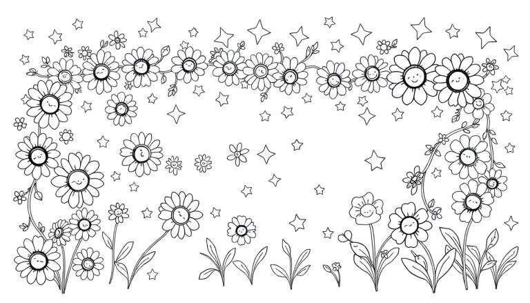 Placa de color de un jardín con flores sonrientes y estrellas.
