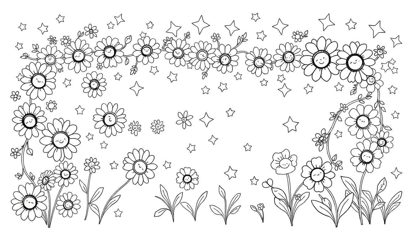 Placa de color de un jardín con flores sonrientes y estrellas.