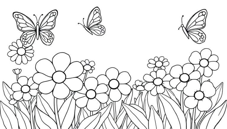 Una placa de color de un jardín con flores y mariposas para colorear.