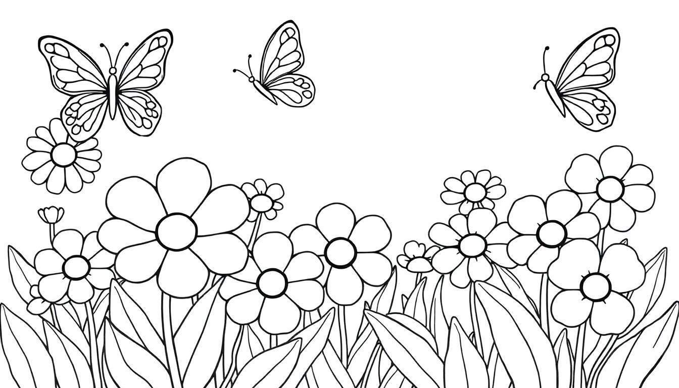 Una placa de color de un jardín con flores y mariposas para colorear.