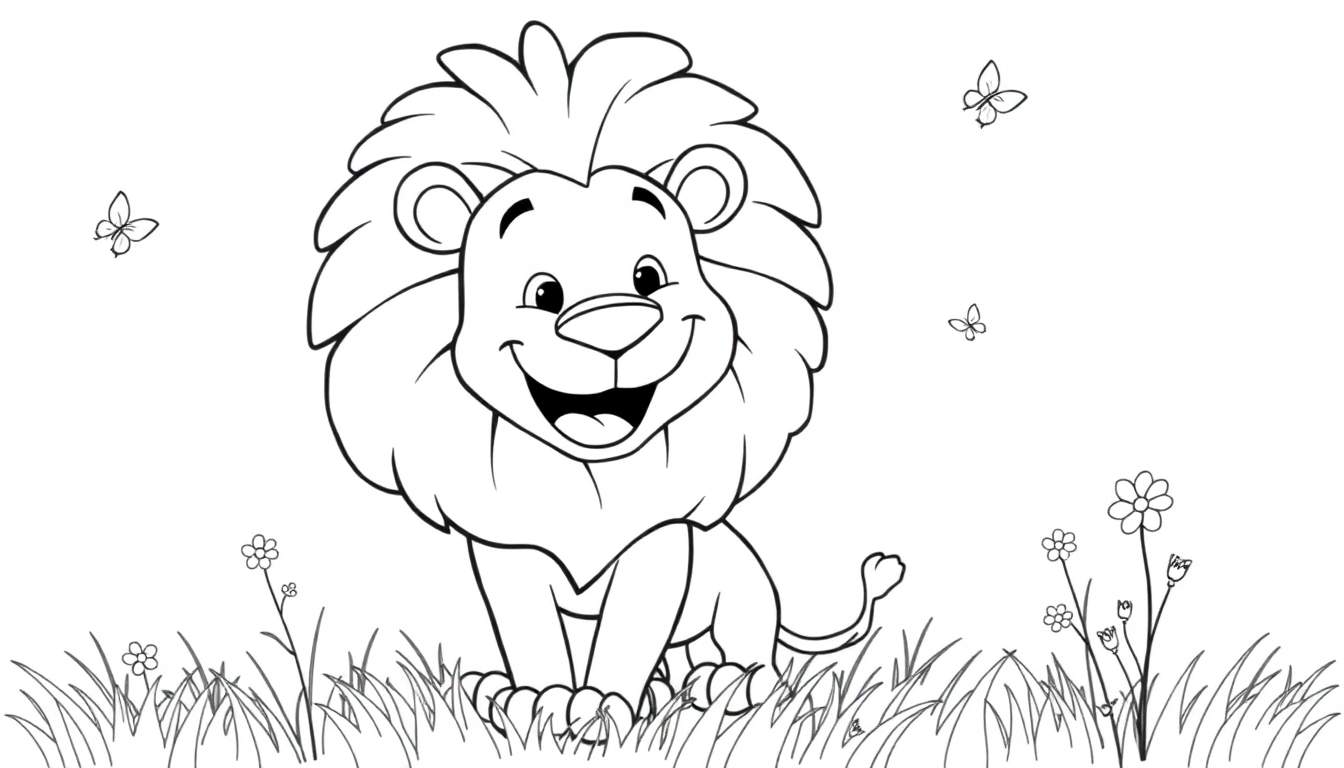Placa de color: león amigable sonriendo rodeado de flores y mariposas.