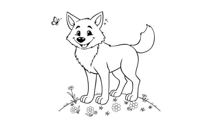 Placa de color de un lobo amigable en una colina con flores.