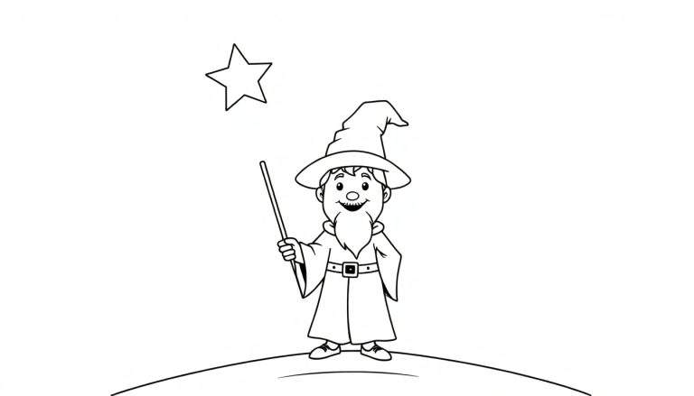 Placa de color para colorear: un mago joven y amigable con una varita mágica y una estrella brillante en el cielo nocturno.