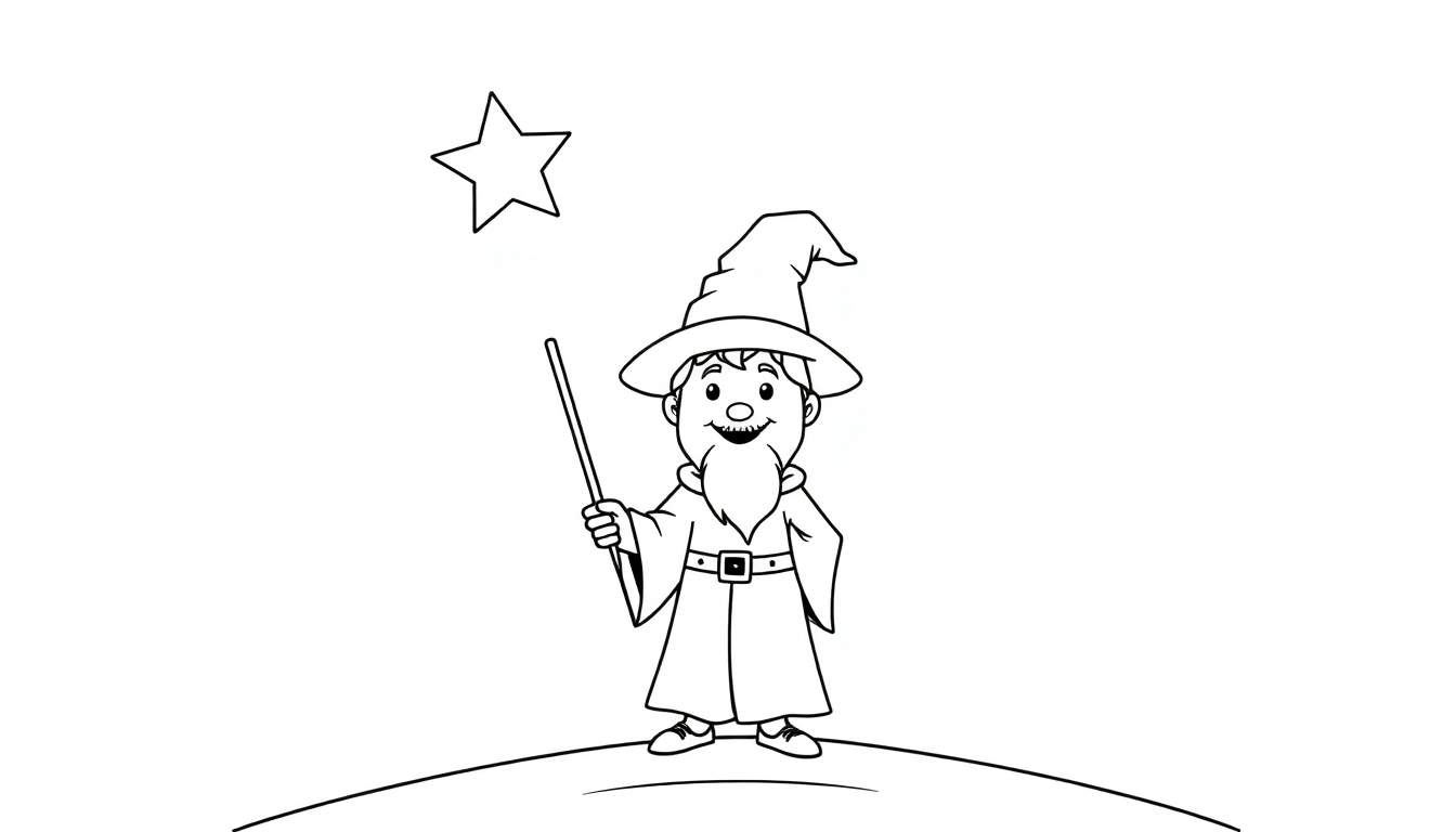 Placa de color para colorear: un mago joven y amigable con una varita mágica y una estrella brillante en el cielo nocturno.