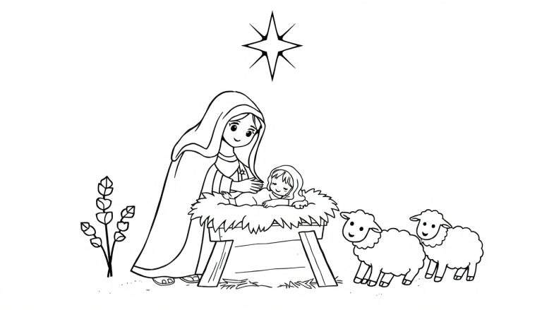 Placa de color de un adorable nacimiento con María, José y el Niño Jesús.