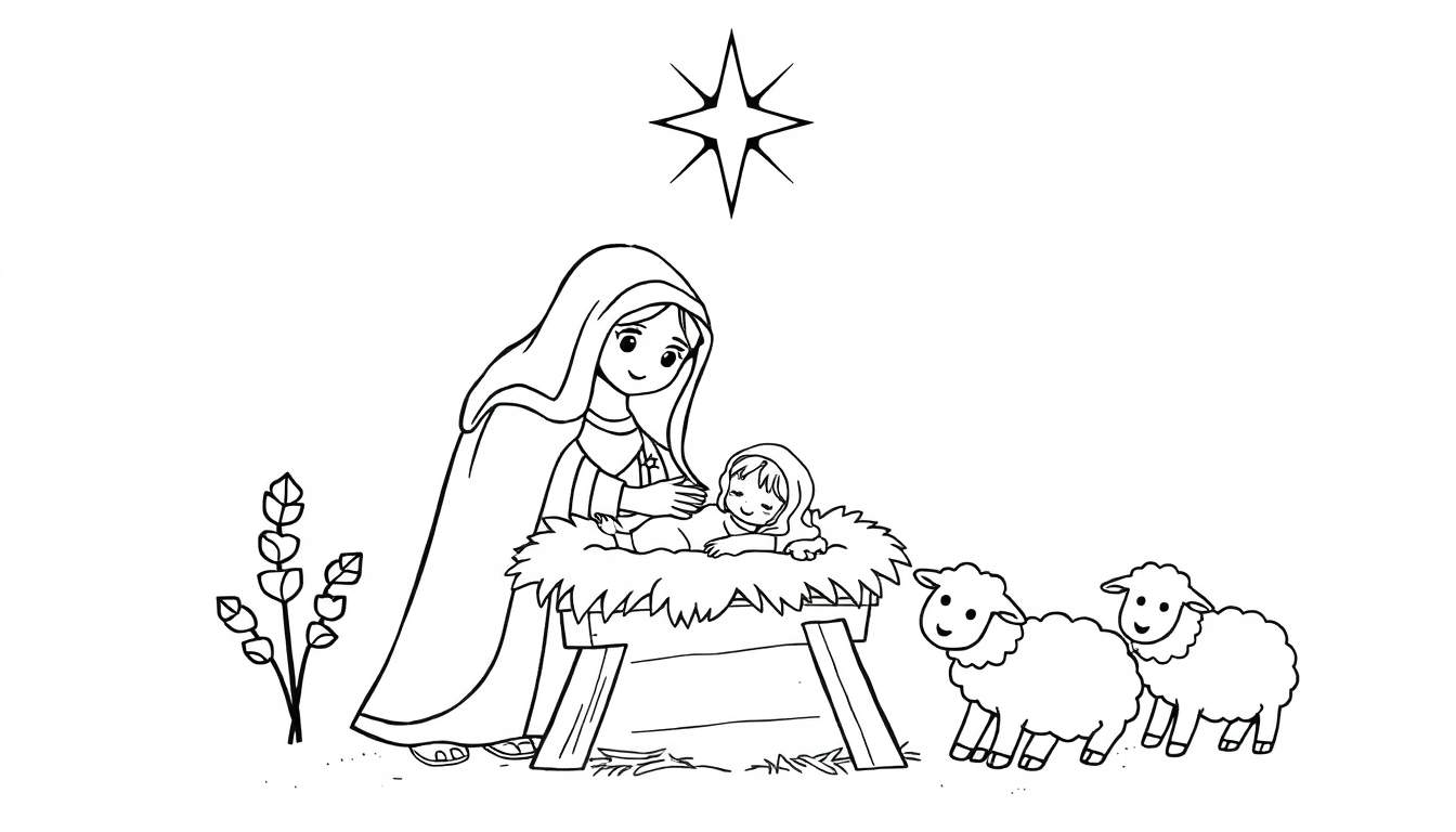 Placa de color de un adorable nacimiento con María, José y el Niño Jesús.