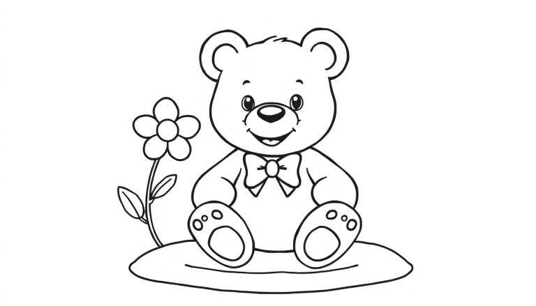 Osito de peluche sentado junto a una flor, listo para colorear. Página para colorear.