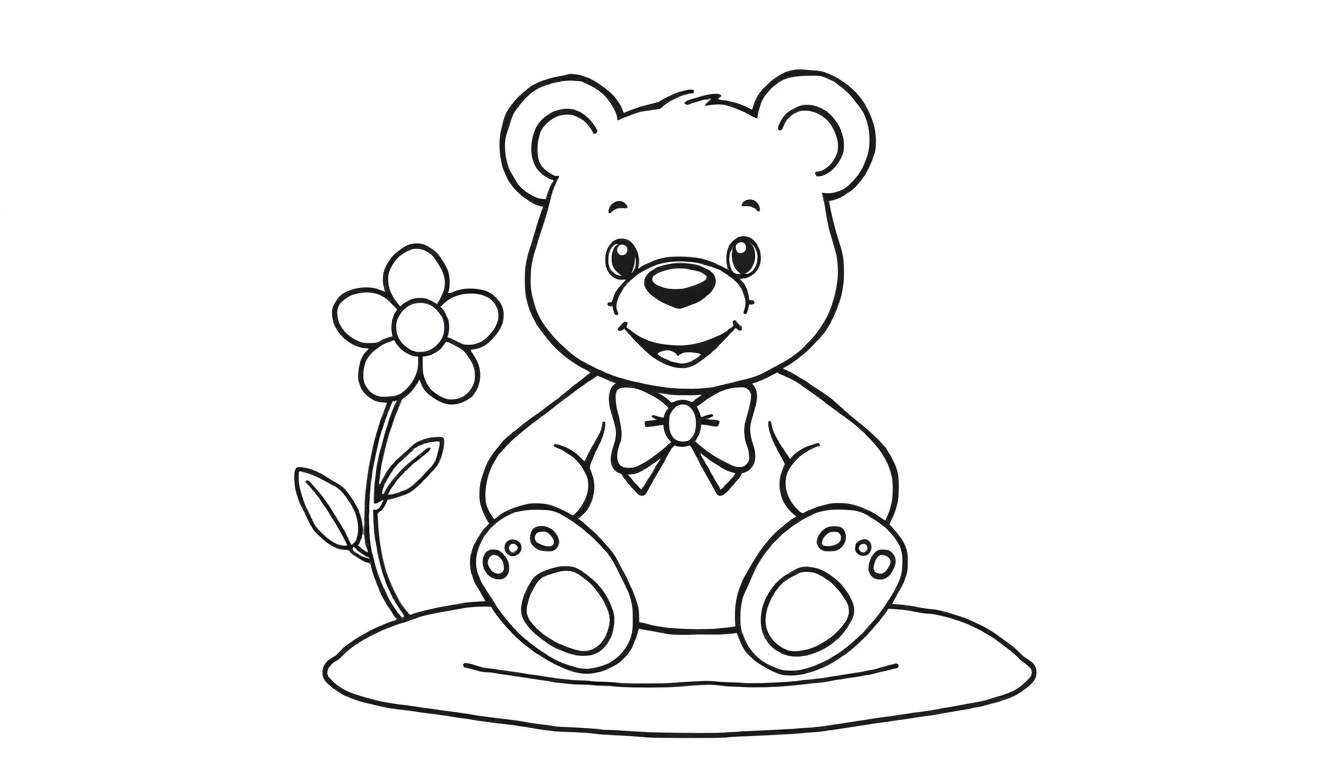 Osito de peluche sentado junto a una flor, listo para colorear. Página para colorear.