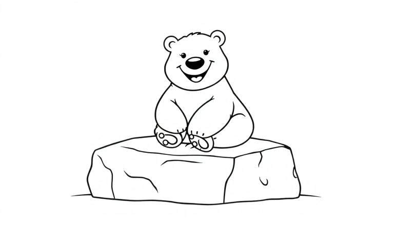 Placa de color de un oso polar sonriente sentado en hielo.