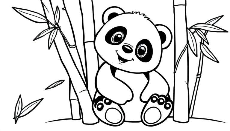 Placa de color de un panda de dibujos animados sentado en bambú.
