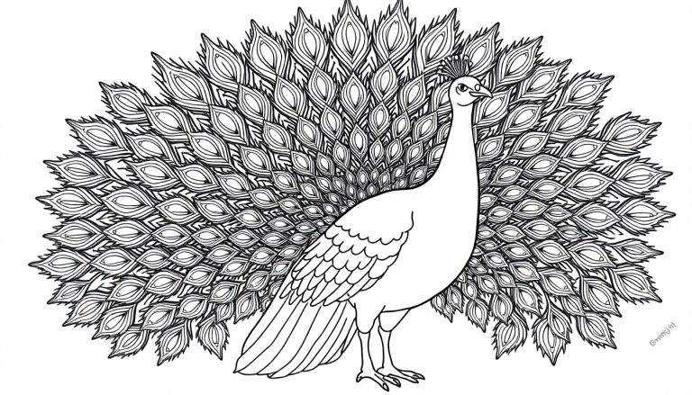 Un pavo real detallado en blanco y negro para colorear, con la cola desplegada como una placa de color.