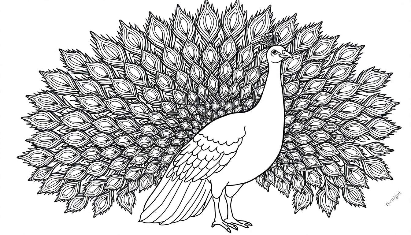 Un pavo real detallado en blanco y negro para colorear, con la cola desplegada como una placa de color.