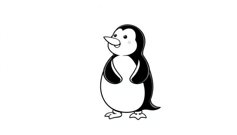 Pingüino de dibujos animados blanco y negro en una placa de color, con un rubor en la mejilla y una sonrisa.