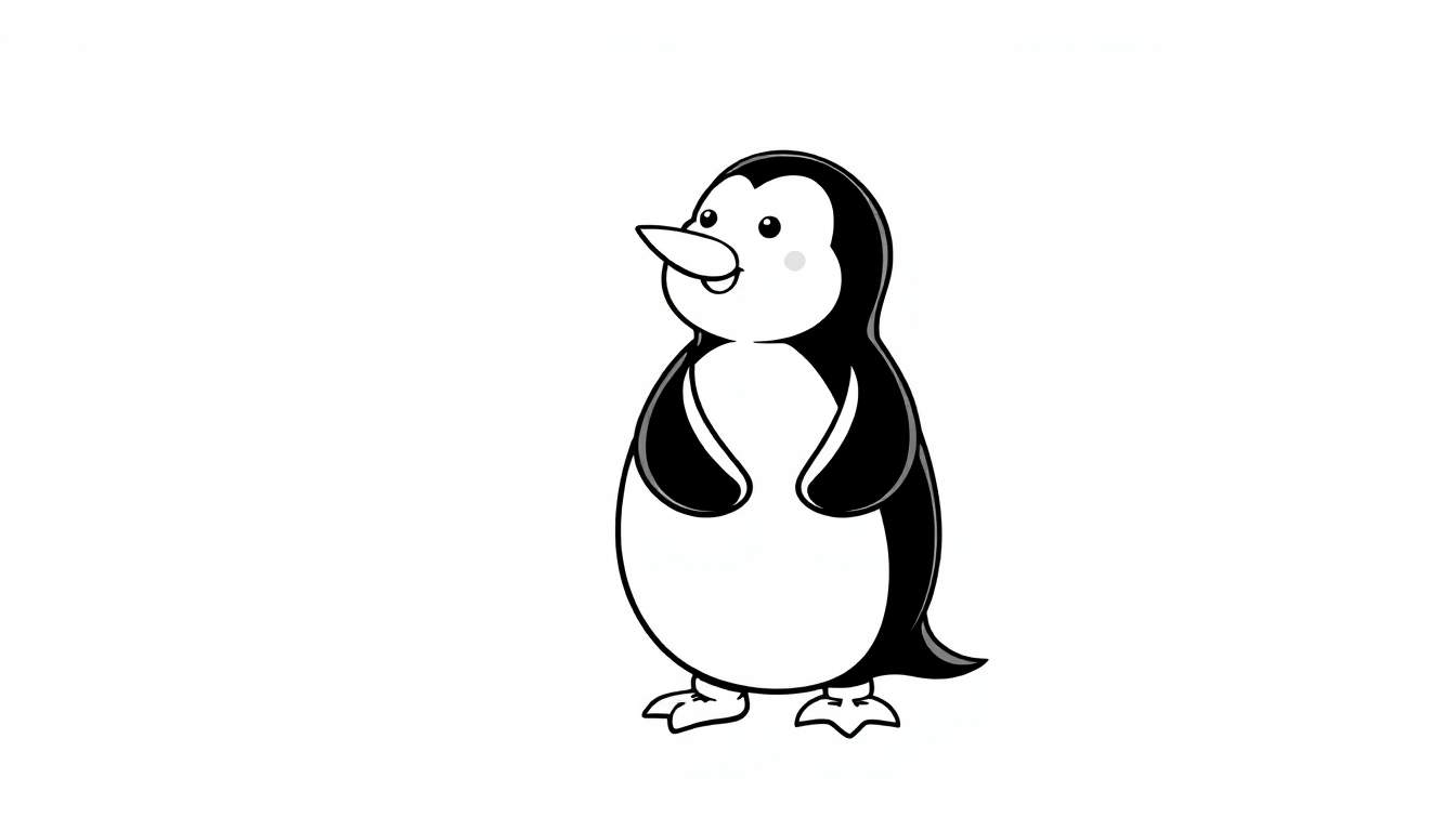 Pingüino de dibujos animados blanco y negro en una placa de color, con un rubor en la mejilla y una sonrisa.