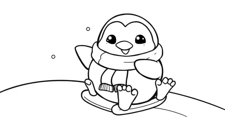Placa de color de un pingüino de dibujos animados en blanco y negro sentado en un trineo, con una bufanda, en un paisaje nevado.