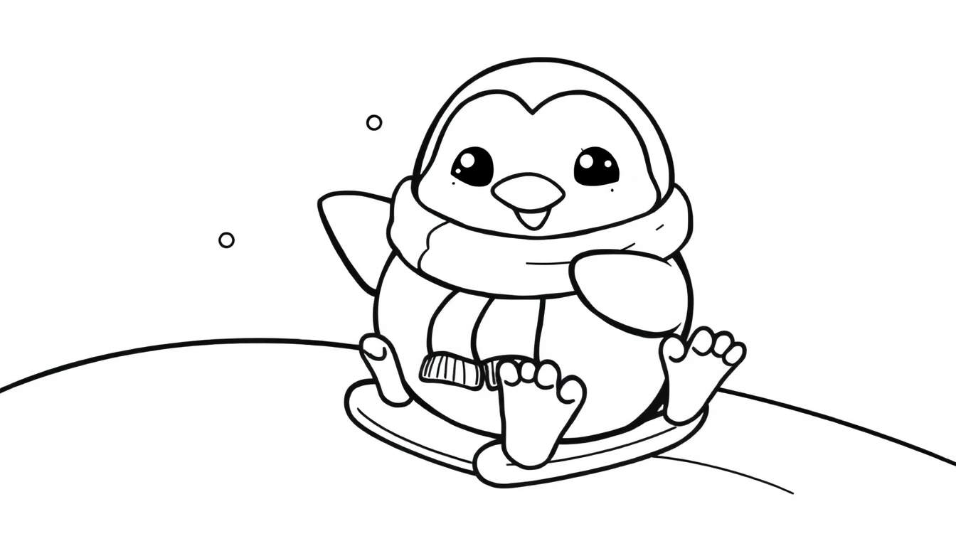 Placa de color de un pingüino de dibujos animados en blanco y negro sentado en un trineo, con una bufanda, en un paisaje nevado.