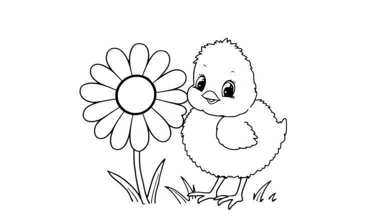 Placa de color: un pollito tierno picotea una flor amarilla.