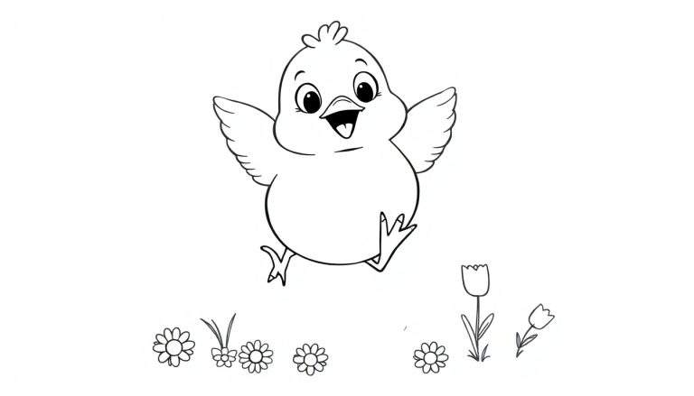 Placa de color de un pollito tierno saltando feliz en un campo de flores.