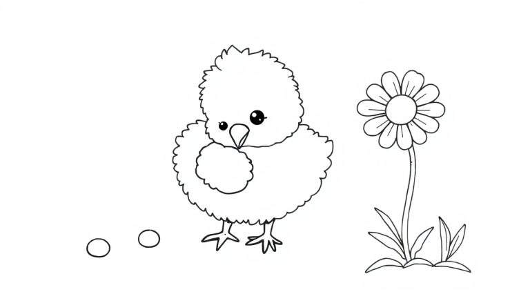 Placa de color de un pollito tierno picoteando una semilla con huevos y una flor cerca en un jardín soleado.