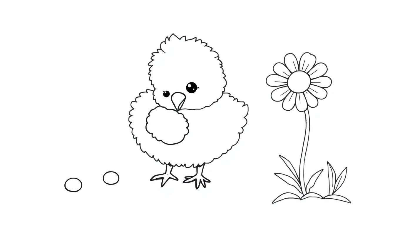 Placa de color de un pollito tierno picoteando una semilla con huevos y una flor cerca en un jardín soleado.