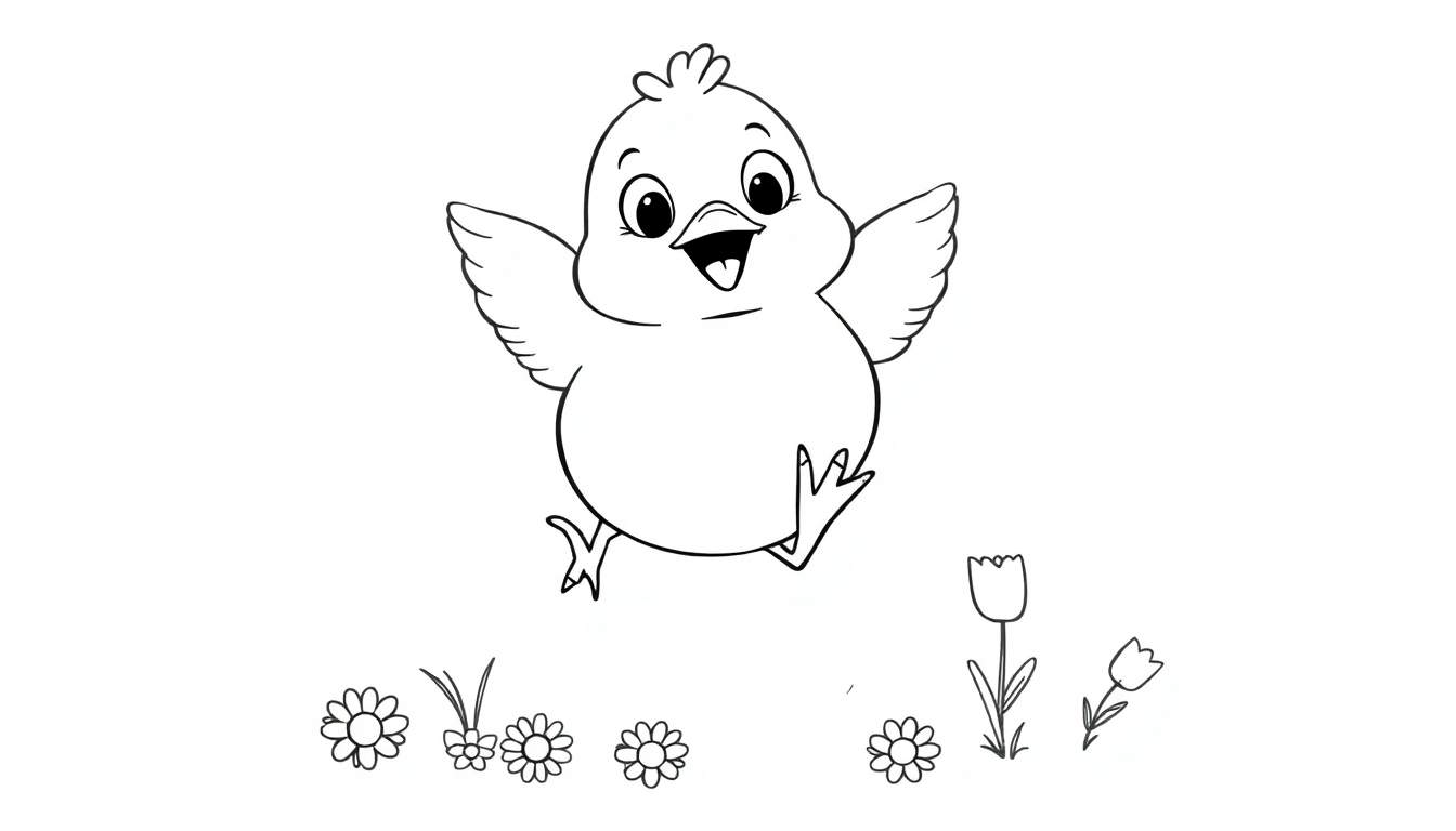 Placa de color de un pollito tierno saltando feliz en un campo de flores.