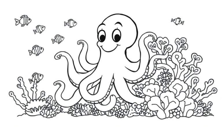 Una placa de color para colorear de un pulpo sonriente nadando entre corales y peces.
