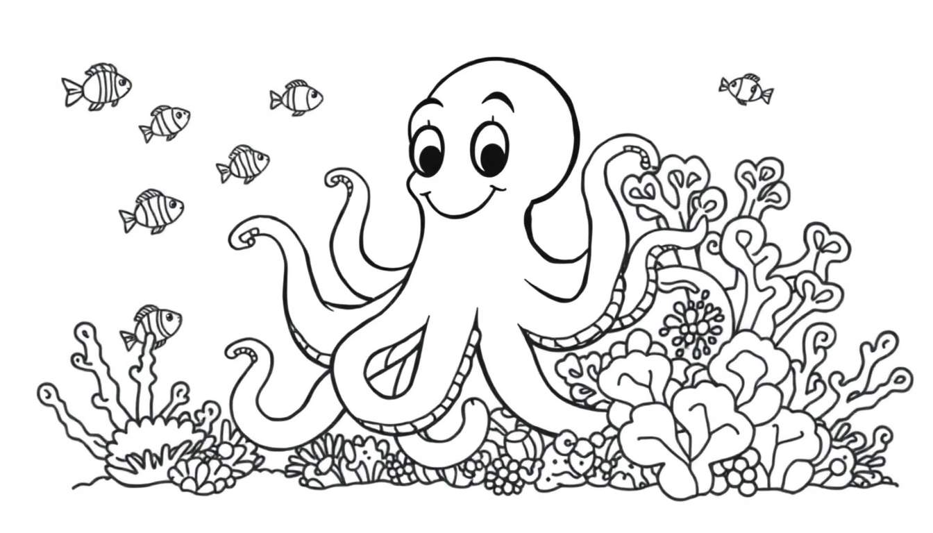 Una placa de color para colorear de un pulpo sonriente nadando entre corales y peces.