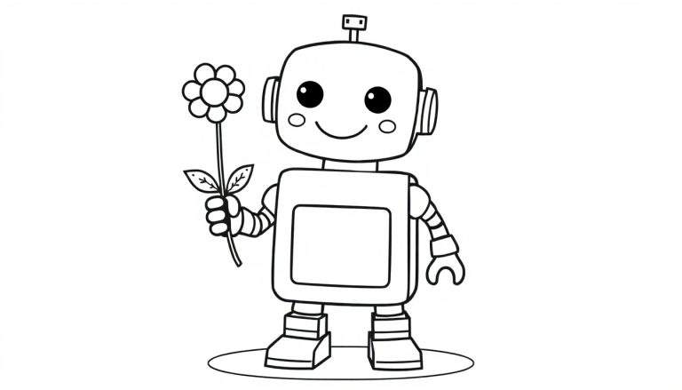 Placa de color de un robot simpático haciendo un dibujo de una flor.