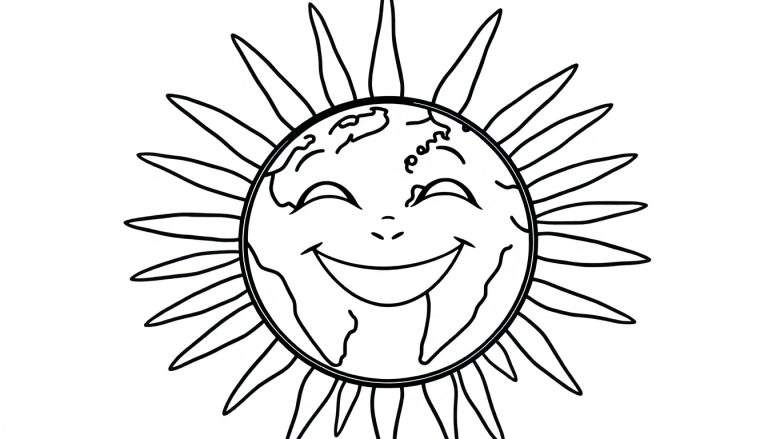 Placa de color de un sol sonriente con ojos cerrados y rayos que parecen brazos.