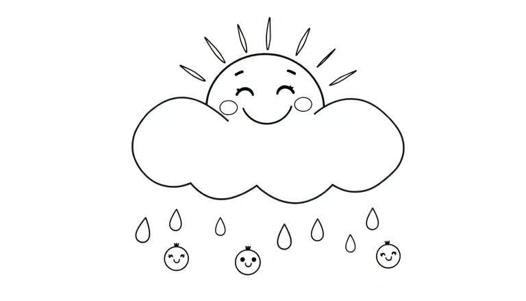 Placa de color con un sol sonriente y una nube amigable con gotas de lluvia y criaturas redondas.