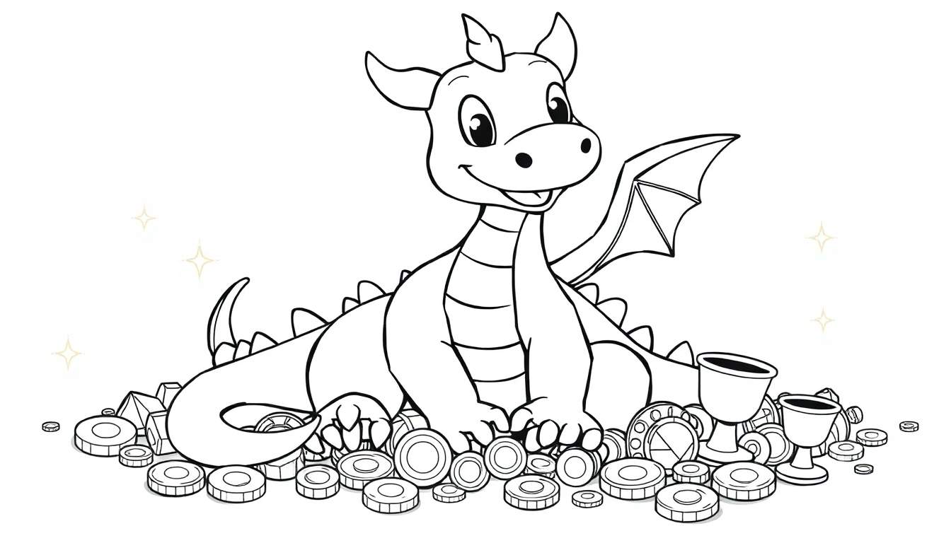 Dragón amigable de dibujos animados sobre un tesoro de monedas y copas, con espinas y alas pequeñas, listo para colorear en esta placa de color.
