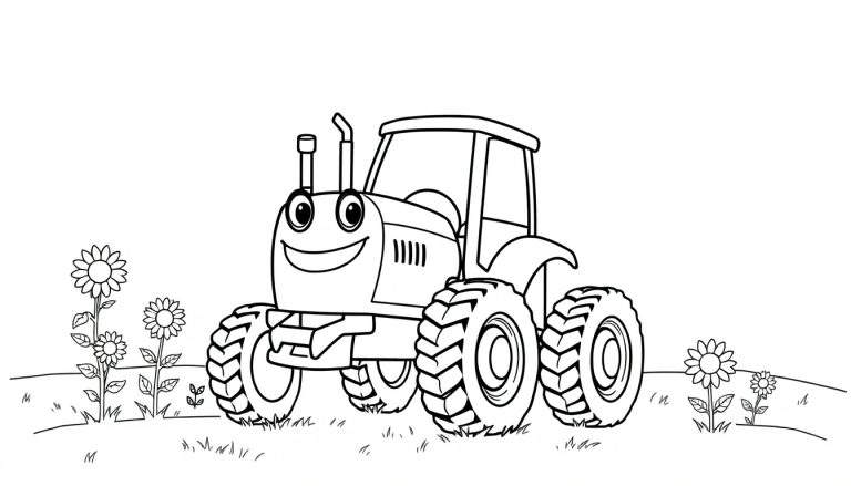 Placa de color de un tractor sonriente en un campo de flores.