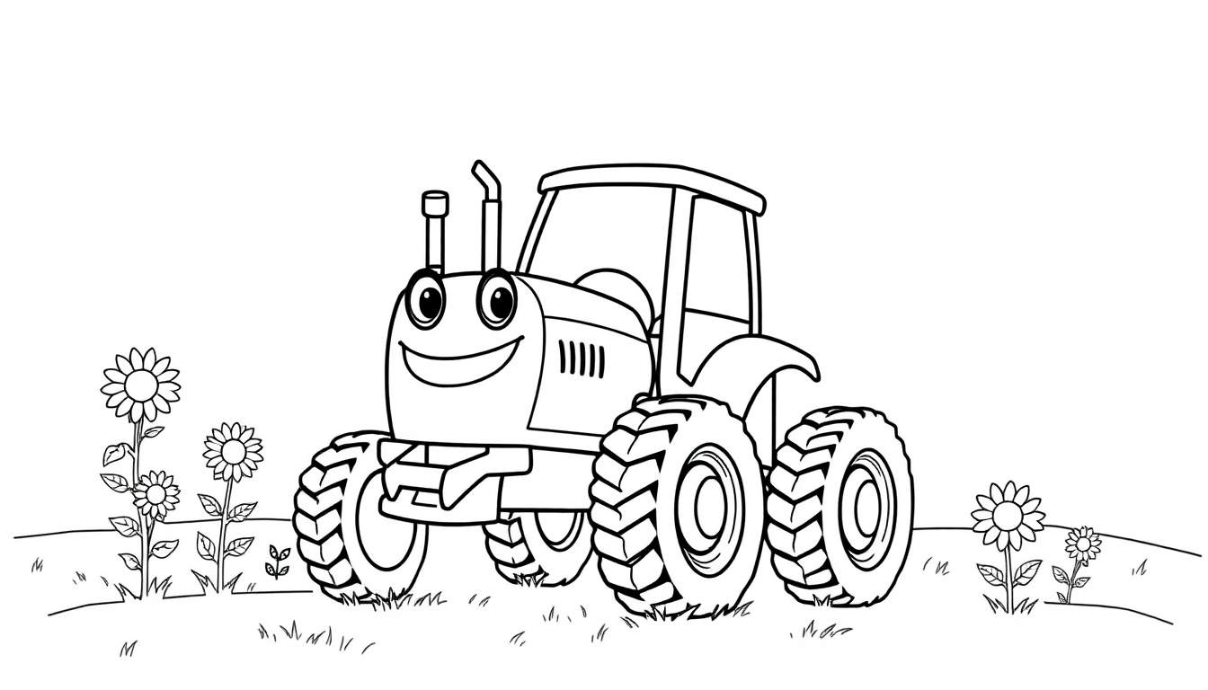 Placa de color de un tractor sonriente en un campo de flores.
