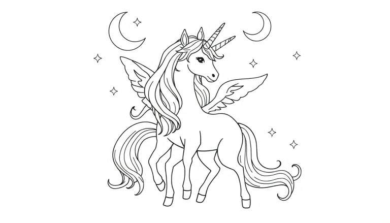 Un unicornio alado listo para colorear en una placa de color celestial.