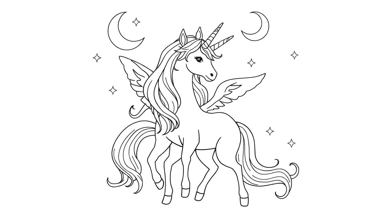 Un unicornio alado listo para colorear en una placa de color celestial.