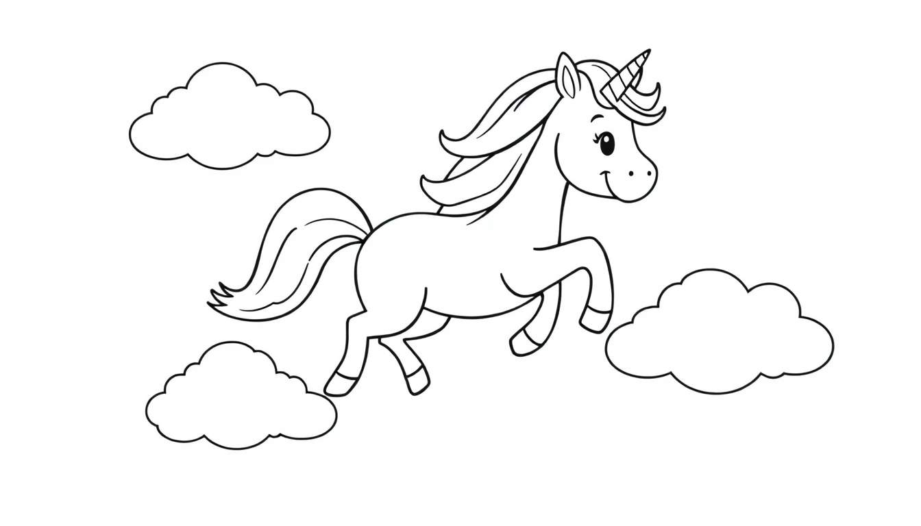 Dibujo de un unicornio blanco de dibujos animados saltando entre nubes, listo para colorear. Placa de color.