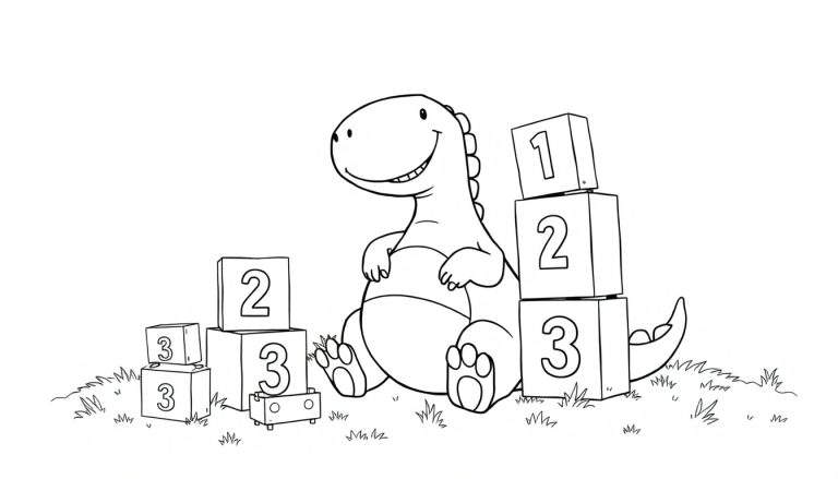 Placa de color de un dinosaurio de dibujos animados sonriente rodeado de bloques numéricos.