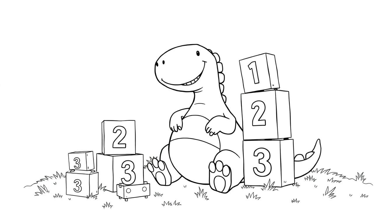 Placa de color de un dinosaurio de dibujos animados sonriente rodeado de bloques numéricos.