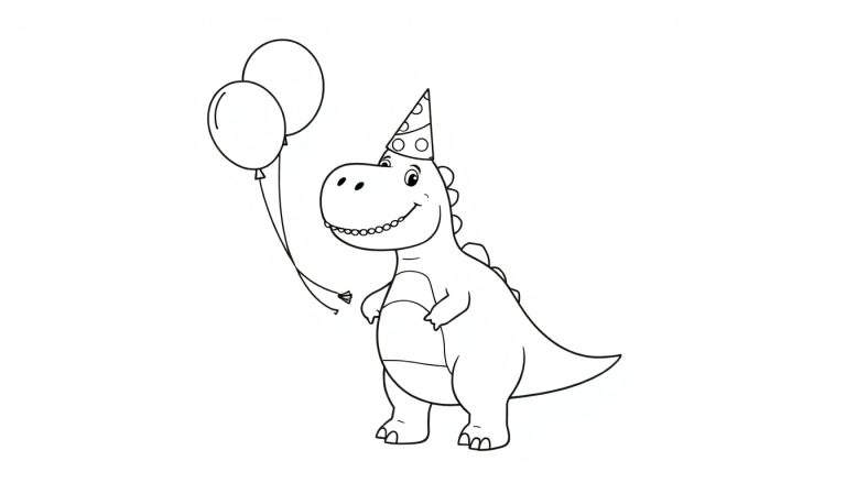 Una placa de color para colorear de un dinosaurio feliz con sombrero de fiesta y globos.