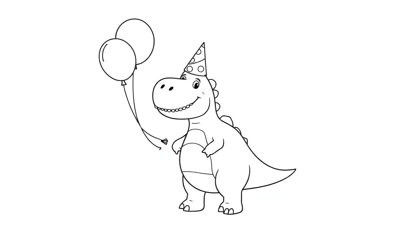 Una placa de color para colorear de un dinosaurio feliz con sombrero de fiesta y globos.
