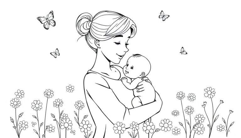 Placa de color de una madre abrazando a su bebé en un campo de flores.