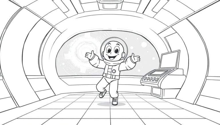 Placa de color: niño astronauta sonriendo bailando en nave espacial futurista.